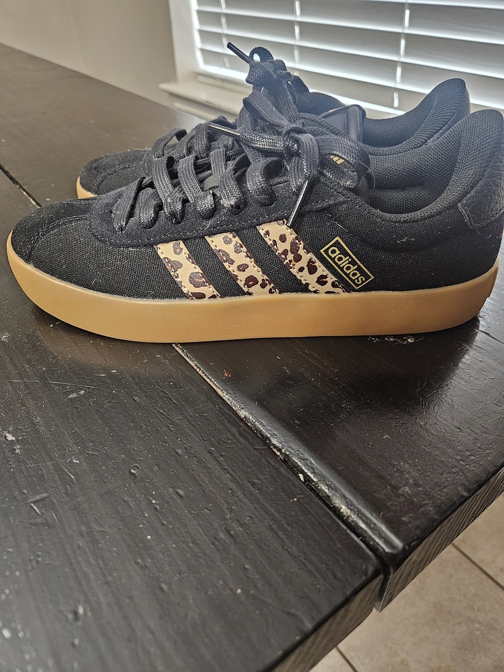 Adidas Black Canvas Sneakers with Leopard Stripe and Gum Sole Sz 6.5